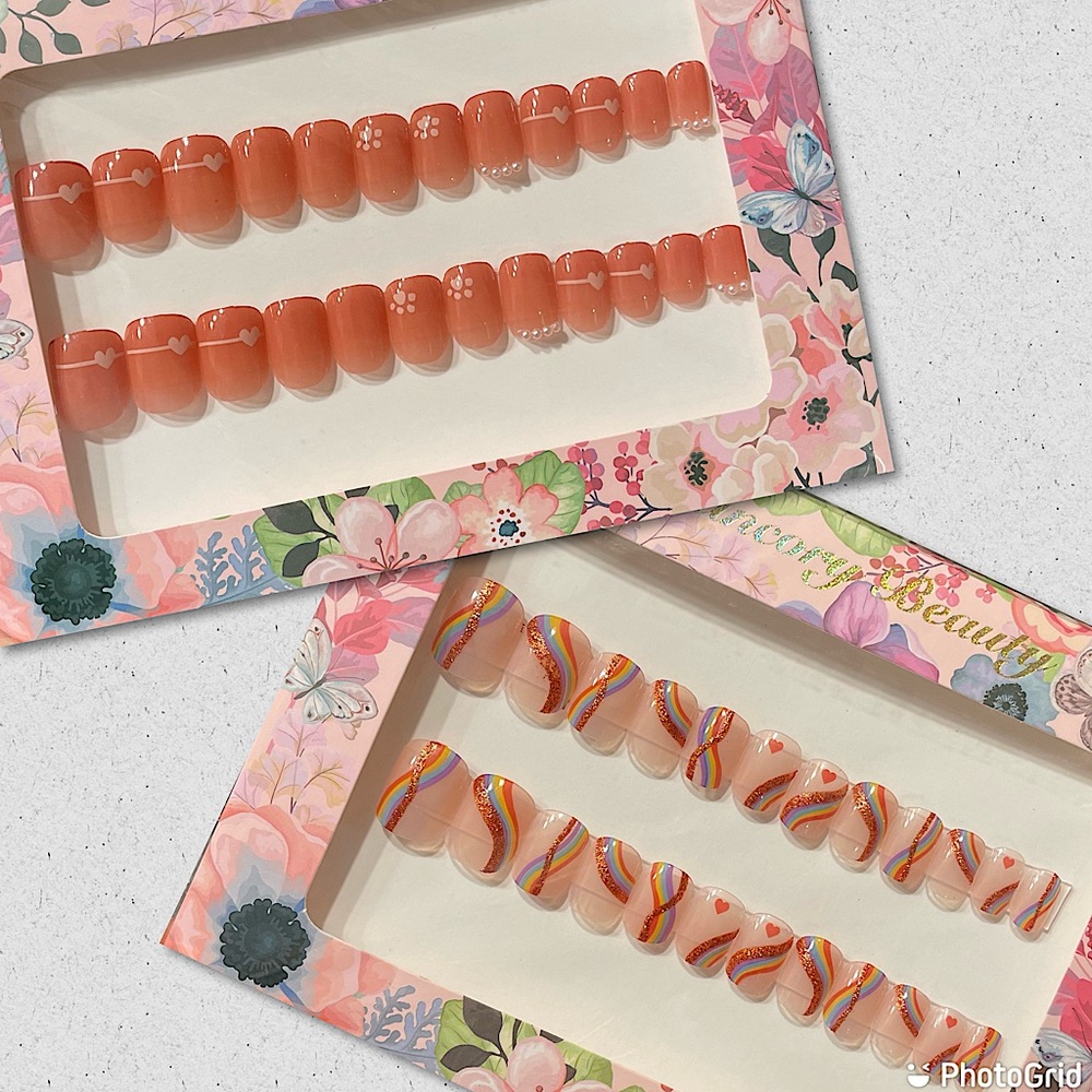 NEW Heart Paw Print Pearl Rainbow Glitter Swirl Nude Press-On Nail Set Bundle